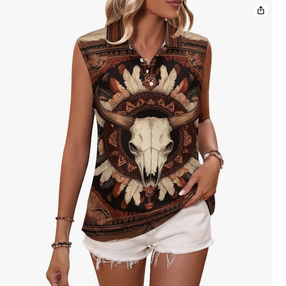 Aztec Tribal Golf Shirts Western Cow Printed Button Up Sleeveless Shirt XS